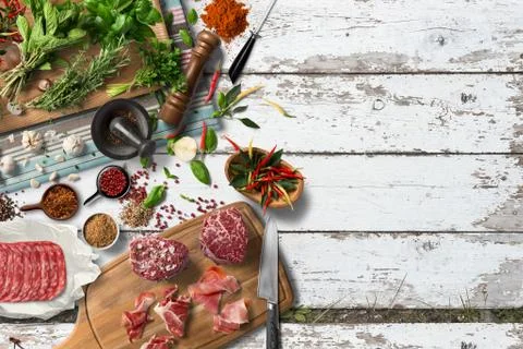 Overhead view steak on a rustic wooden counter in a dinner steakhouse Stock Illustration
