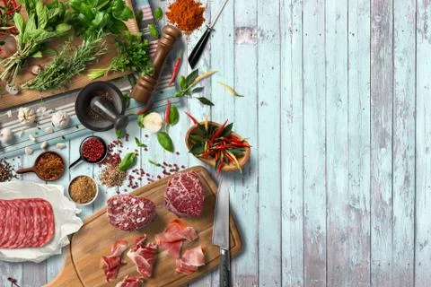Overhead view steak on a rustic wooden counter in a dinner steakhouse Stock Illustration