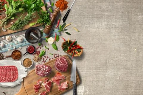 Overhead view steak on a rustic wooden counter in a dinner steakhouse Stock Illustration