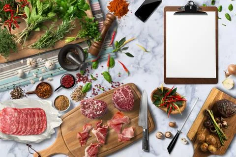 Overhead view steak on a rustic wooden counter in a dinner steakhouse Stock Illustration