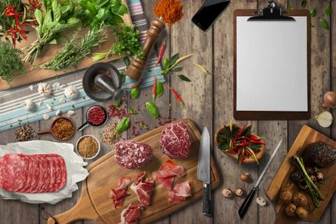 Overhead view steak on a rustic wooden counter in a dinner steakhouse Stock Illustration