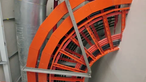 Overhead view of steel electrical cable trunking box hang on the ceiling. Slo Video stock 154805202