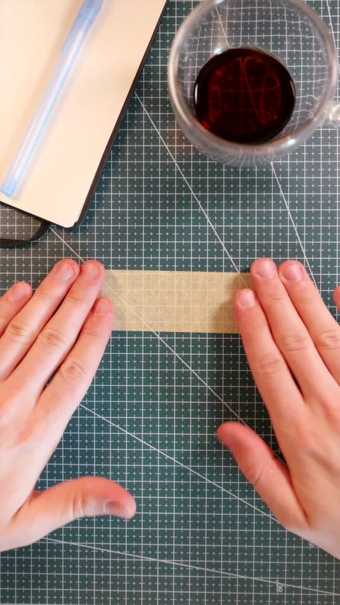 Overhead view of sticking blank tape mockup near open notebook and black co.. Stock Footage 338183581