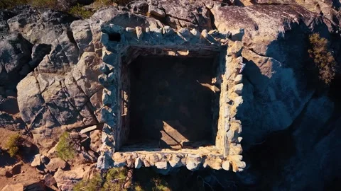 Overhead view of the stone teahouse ruins on Fannette Island. Roofless walls Stock Footage 346532558