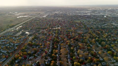Overhead view of a suburban community in fall, highlighting seasonal tree Stock-Footage 304468146