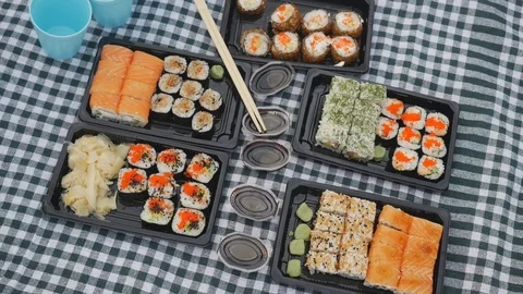 Overhead View of sushi eating Stock Footage 104089935
