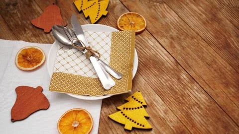 Overhead view of table setting over wooden table with copy space Stock Photos
