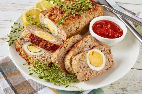 Overhead view of tasty Egg Stuffed Meatloaf Stock Photos