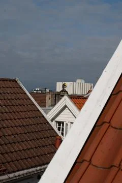 Overhead View of Tiled Rooftops and Urban Art in Stavanger, Norway Stock Photos