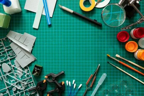 Overhead View Of Tools And Materials For Building Scale Model Aeroplane From Stock Photos