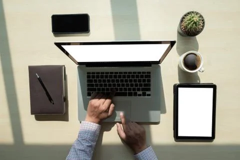 Overhead View top view man Working Desk Concept Stock-Fotos