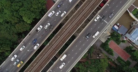 Overhead View of Traffic on Busy Bridge in Bangkok, Thailand Stock Footage 75666564