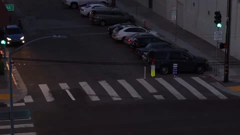 Overhead view of traffic junction in San Francisco during twilight Stock Footage 233897213