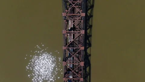 Overhead View Train Crossing Ohio River Beaver Railroad Bridge 4K Western PA Stock Footage 112586780