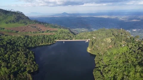 Overhead view of a tranquil lake surrounded by lush green forest and distant Stock Footage 316951010