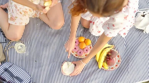 Overhead View Of Two Women Preparing Picnic Food On A Blanket Vídeos de archivo 341549956