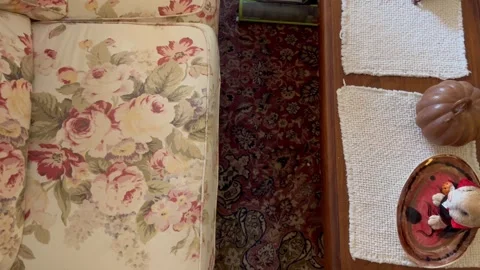 Overhead view of vacuuming a patterned rug Stock Footage 345088627