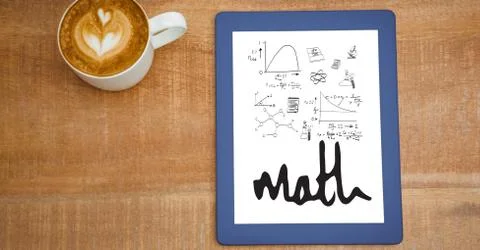 Overhead view of various math equations in digital tablet by coffee cup at table Stock Photos