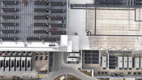 Overhead view of a vast modern new Data center building with cooling system.. Stock Footage 339128431