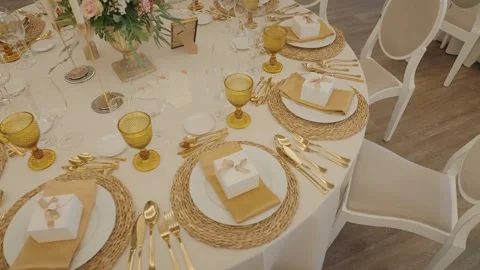 Overhead View of Wedding Table Setting with Gold Details Stock Footage 331566145