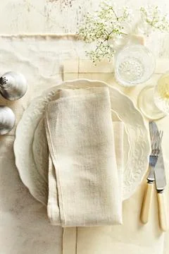 Overhead View of White Rustic Place Setting, Studio Shot Stock Photos