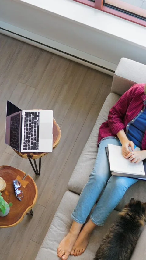 Overhead view of woman writing notes, lying on couch at home Stock Footage 314895055