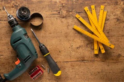 Overhead view of a workbench with hand tools Stock Photos