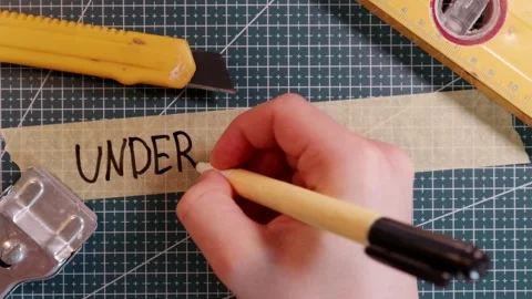 Overhead view of writing UNDER CONSTRUCTION on tape with tools. Stock Footage 337816275
