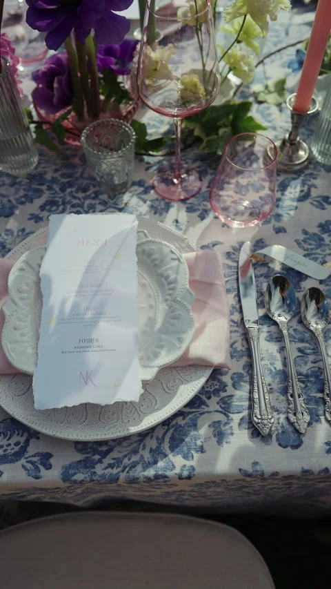 Overhead wedding place setting with menu card and silverware vertical Stock-Footage 347969652