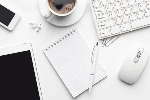 Overhead of white office table Stock Photos