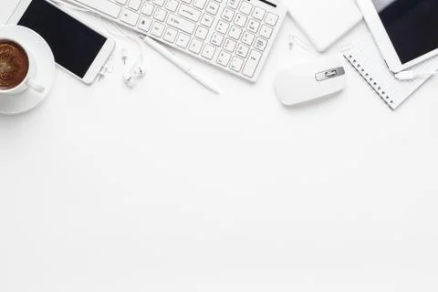 Overhead of white office table Stock Photos