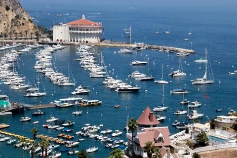 Overhead wide angle view of Avalon harbor and bay Stock Photos