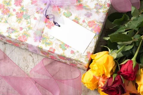 Overhead of Wrapped Present with a Blank Gift Tag Stock Photos