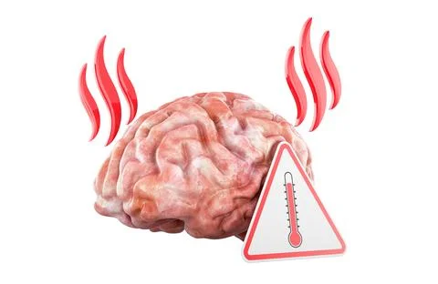 Overheated brain with heat waves and thermometer sign. 3D rendering Stock Illustration