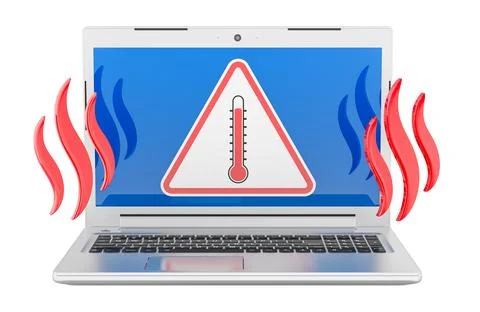 Overheating laptop warning, hot temperature alert. 3D rendering Stock Illustration