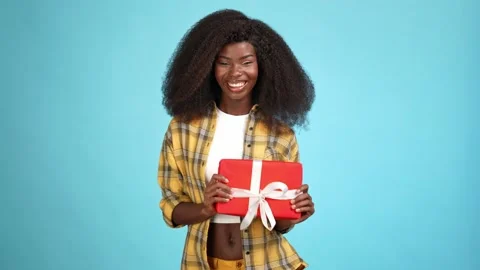 Overjoyed lady catch package wish presents isolated blue color background 스톡 동영상 166158732