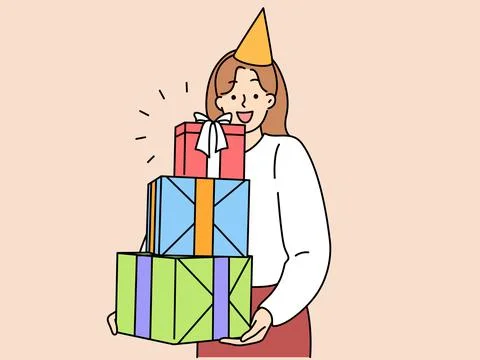 Overjoyed woman with stack of presents Stock Illustration