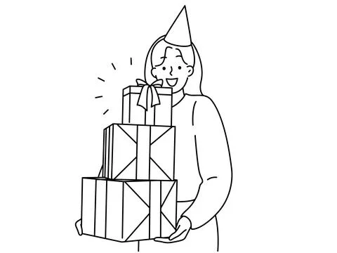 Overjoyed woman with stack of presents Stock Illustration