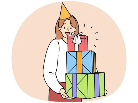 Overjoyed woman with stack of presents Stock Illustration