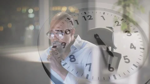 Overlaid analog clock advancing driving male worker typing and adjusting glasses Stock Footage 331125532