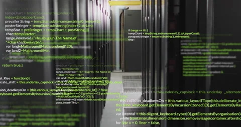 Overlaid code snippets appearing at aisle edges then expanding across racks Stock Footage 315551282