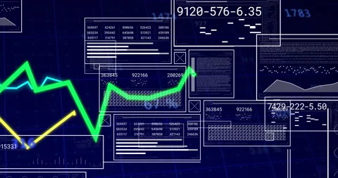 Overlaid UI panels being displayed in tech dashboard scene with neon green and Stock Footage 307465060
