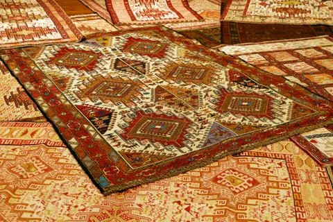 Overlapping carpets with intricate kurdish  patterns 스톡 사진
