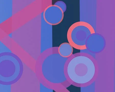 Overlapping circles and vertical stripes in vivid blue, purple, pink, and c.. Stock Illustration
