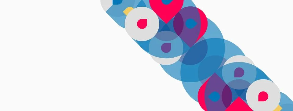 Overlapping circles, blue, pink, purple hues create abstract diagonal pattern Illustrazione stock