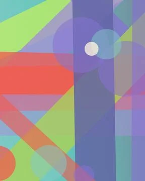 Overlapping circles, rectangles, and diagonals form a vibrant multicolor co.. Stock Illustration