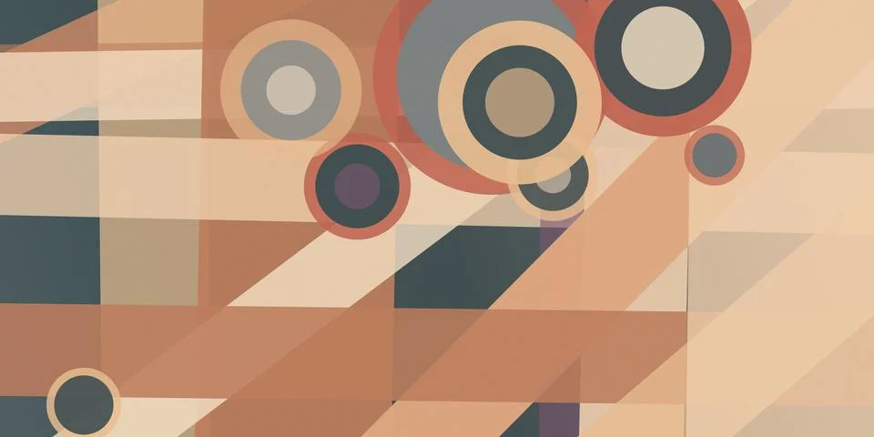 Overlapping circles, translucent rectangles, and diagonal bands form a soph.. Stockillustratie