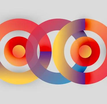 Overlapping colorful circles create abstract infinity symbol. Bright gradients, Stock Illustration