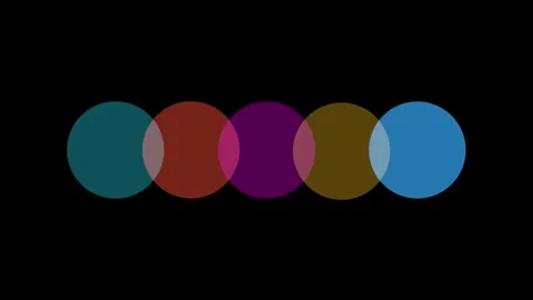 Overlapping colorful circles sequence on black background, abstract connect.. Vidéo 336922068