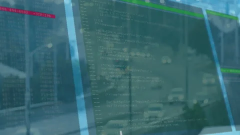 Overlapping computer screens displaying code and terminal logs, highlighting hex Stock Footage 307431782